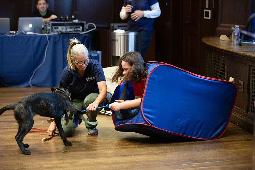 during a demonstration a rescue dog finds a hidden Penn Vet staff member in a container